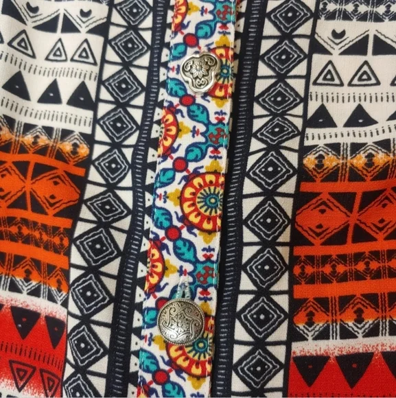 John Mark Boho Tunic Top Large Aztec Gauzy Embroidered Floral Striped Button - Picture 11 of 12